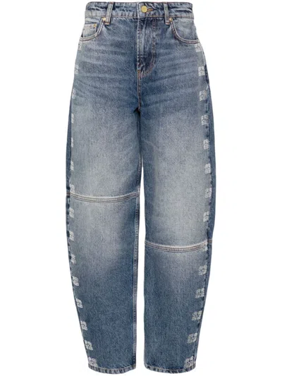 Shop Ganni High-waisted Tapered Jeans With Logo In Blue