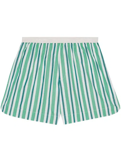 Shop Ganni Organic Cotton Striped Shorts In Green