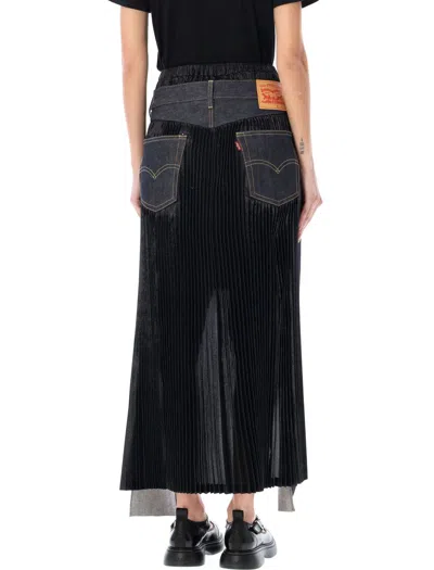 Shop Junya Watanabe Deconstructed Pleated Denim Skirt In Indigo + Black