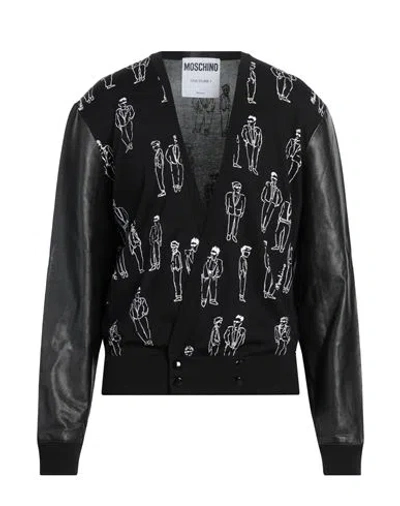 Moschino Man Cardigan Black Size 40 Cotton, Soft Leather In Black