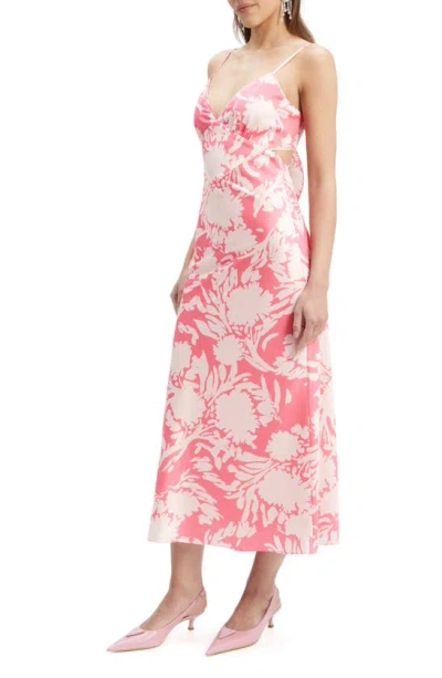 Shop Bardot Malinda Floral Tie Back Satin Midi Dress In Pink Abstract