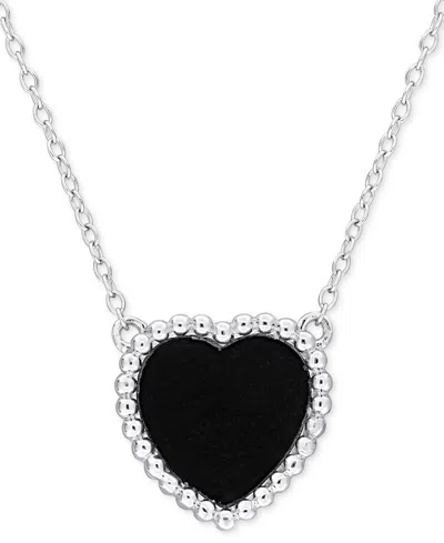Macy's Black Agate (5 Ct. T.w.) Heart Bead Frame 17" Pendant Necklace In Sterling Silver In Black Agate