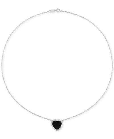 Macy's Black Agate (5 Ct. T.w.) Heart Bead Frame 17" Pendant Necklace In Sterling Silver In Black Agate