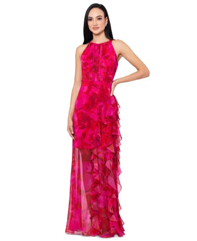 Betsy & Adam Metallic Stripe Floral Ruffle Chiffon Gown In Fushcia,poppy