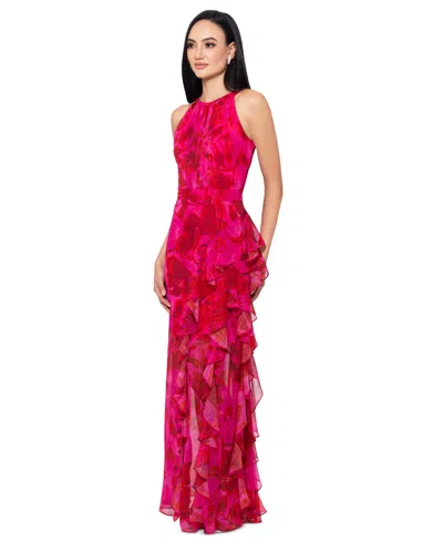 Betsy & Adam Metallic Stripe Floral Ruffle Chiffon Gown In Fushcia,poppy