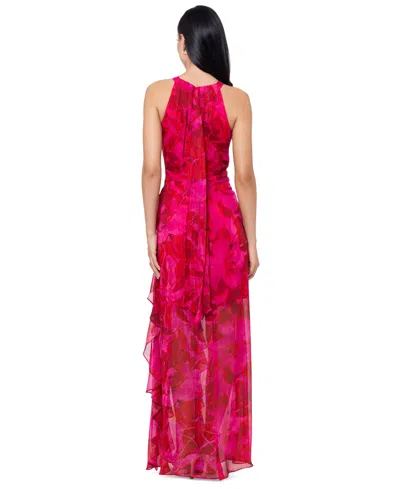 Betsy & Adam Metallic Stripe Floral Ruffle Chiffon Gown In Fushcia,poppy