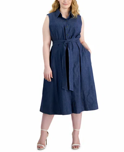 Shop Anne Klein Plus Size Denim Shirtdress In Indigo - Dark Wash