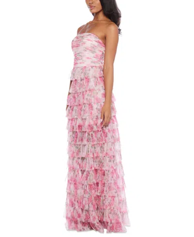 Shop B Darlin Juniors' Floral Print Ruffled Strapless Gown In Light Pink Garden