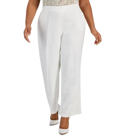 Shop Kasper Plus Size Mid Rise Linen-blend Straight-leg Pull-on Pants In Lily White
