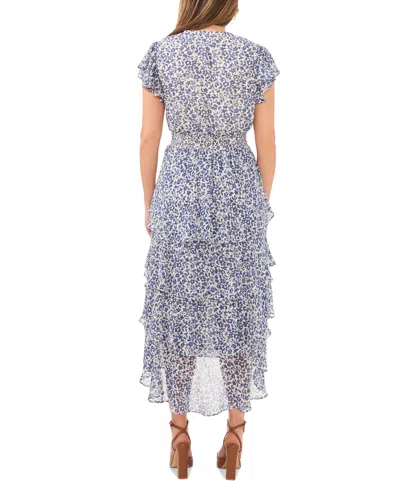 Shop Msk Women's Floral-print Flutter-sleeve Tiered Dress In Ivory,navy