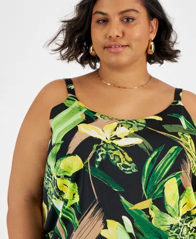 Shop Bar Iii Plus Size Printed Cowlneck Camisole Top, Created For Macy's In Black,green