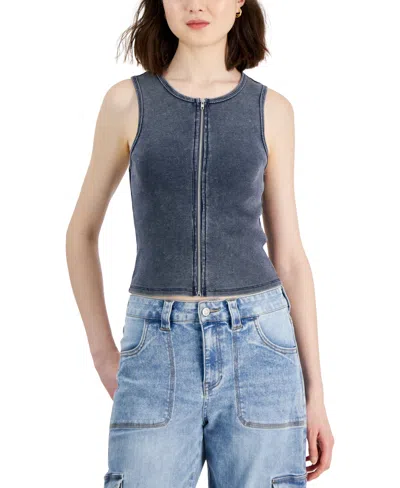Shop Madden Girl Juniors' Zip-front Mineral Washed Tank In Navy Blaze