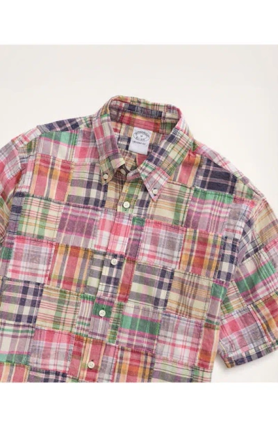 Shop Brooks Brothers Regent Fit Plaid Patchwork Short Sleeve Madras Button-down Shirt In Fadedpw