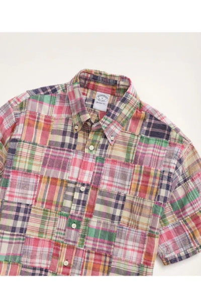 Brooks Brothers Regent Fit Plaid Patchwork Short Sleeve Madras Button-down Shirt In Fadedpw