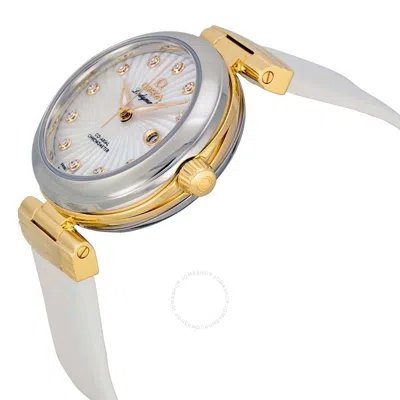 Shop Omega De Ville Ladymatic Mother Of Pearl White Leather Ladies Watch 42522342055002 In Gold / Gold Tone / Mop / Mother Of Pearl / Skeleton / White / Yellow