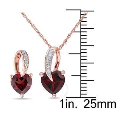 Shop Amour 2-piece Set Of Heart Shaped Garnet And Diamond Earrings And Pendant With Chain In 10k Rose Gol In Pink