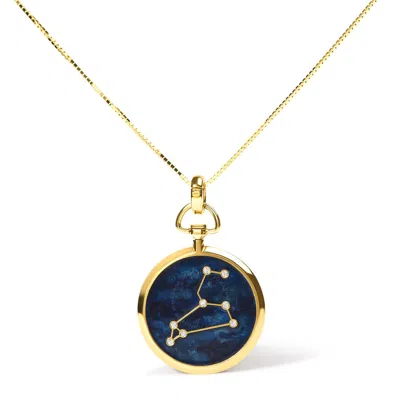 Haus Of Brilliance 18k Yellow Gold Diamond Leo Constellation With Blue Enamel 18" Inch Pendant Neckl In Yellow