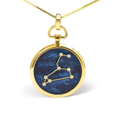 Haus Of Brilliance 18k Yellow Gold Diamond Leo Constellation With Blue Enamel 18" Inch Pendant Neckl In Yellow