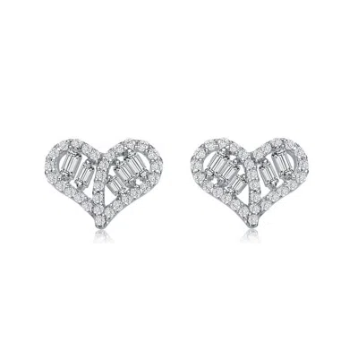 Shop Megan Walford Sterling Silver Baguette And Round Cubic Zirconia Heart Stud Earrings In White