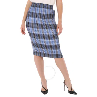Shop Burberry Ladies Pale Blue Check Plisse Pleated Check Pencil Skirt