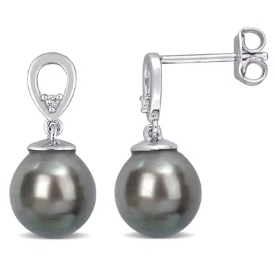 Shop Amour 8-9mm Black Tahitian Cultured Pearl And White Topaz Drop Earrings In Sterling Silver