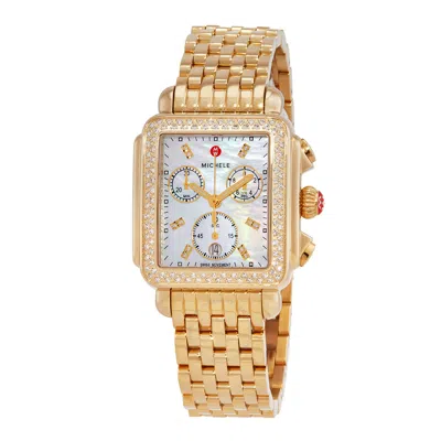 Shop Michele Chronograph Quartz Diamond White Mother Of Pearl Dial Ladies Watch Mww06a000777 In Gold / Gold Tone / Mother Of Pearl / White / Yellow