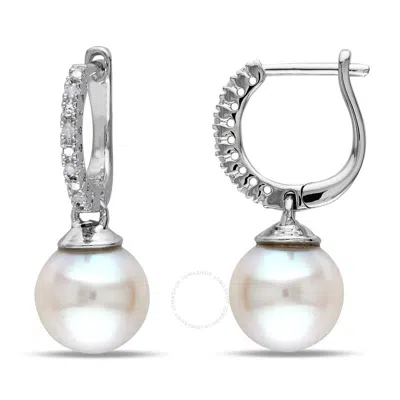 Shop Amour 9 - 9.5 Mm White Cultured Freshwater Pearl Earrings With Diamonds In Sterling Silver