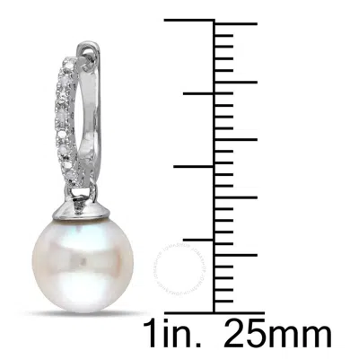 Amour 9 - 9.5 Mm White Cultured Freshwater Pearl Earrings With Diamonds In Sterling Silver In White