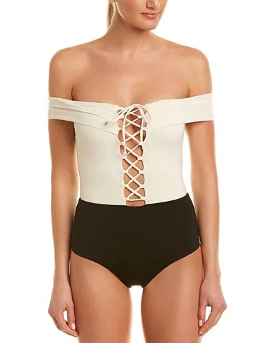 Shop L*space Anja Off The Shoulder Lace Up Tie One-piece Swimsuit In Cream/black In Beige
