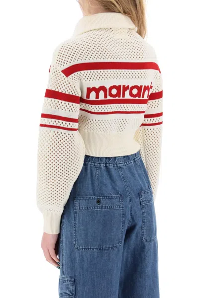 Shop Marant Etoile "cropped Knit Cardigan In Perforated In White,neutro,red
