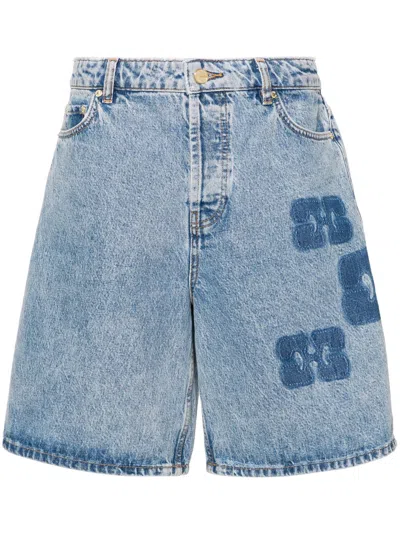 Shop Ganni Jeans-shorts Mit Logo-motiv In Blue