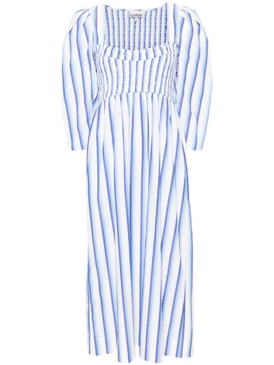 Shop Ganni Blue Striped Poplin Maxi Dress