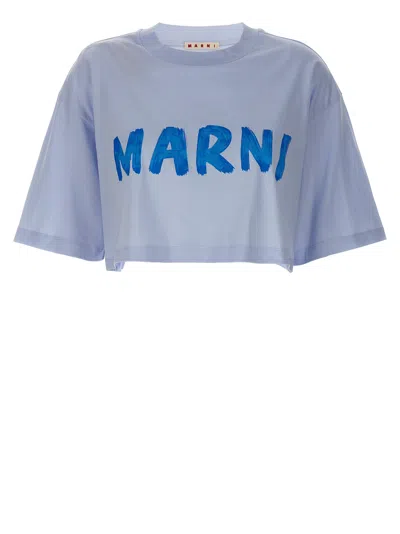 Shop Marni Logo Print Cropped T-shirt In Light Blue