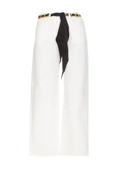 Shop Elisabetta Franchi Cropped Wide Jeans With Chain Belt In Ivory