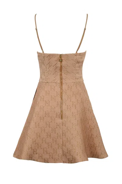 Shop Elisabetta Franchi Raffia Dress And Lurex Logo In Paglia Oro