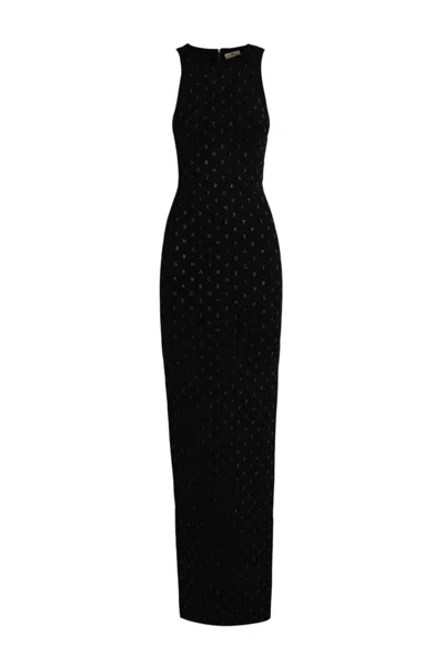 Shop Elisabetta Franchi Viscose Knit Dress With Rhinestone Logo In Black