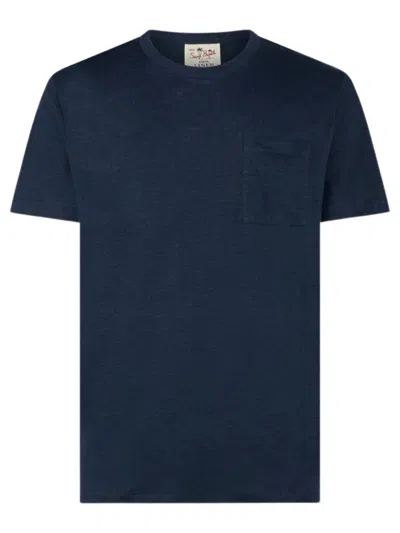 Shop Mc2 Saint Barth Linen T-shirt With Front Pocket Clothing In Blue