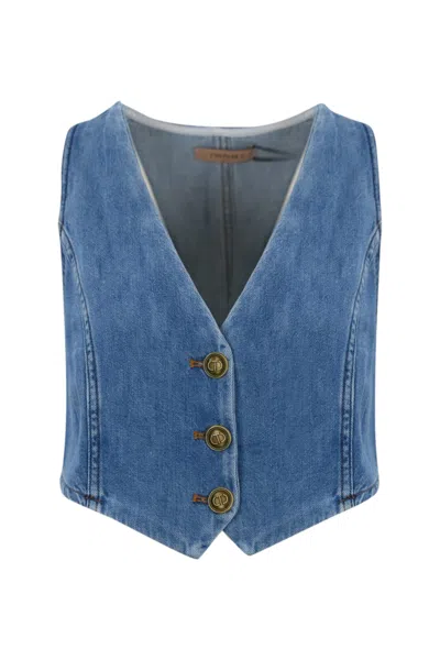 Shop Twinset Denim Vest With Buttons In Blue