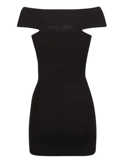 Shop Elisabetta Franchi Logo Plaque Off-shoulder Knit Mini Dress In Black