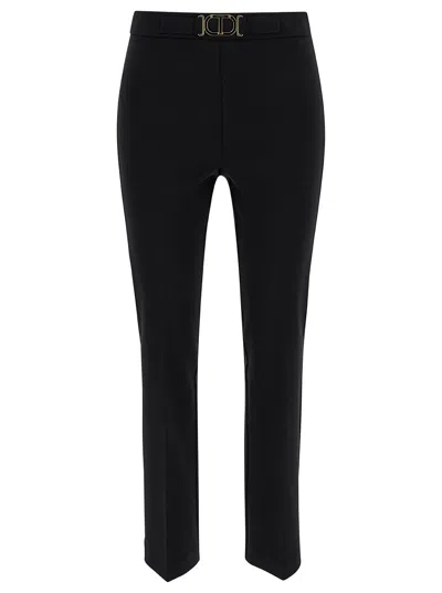 Shop Twinset Black Flare Pants With Oval T Buckle In Viscose Blend Woman