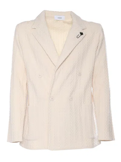 Shop Lardini Double-breasted Knitted Blazer In Panna