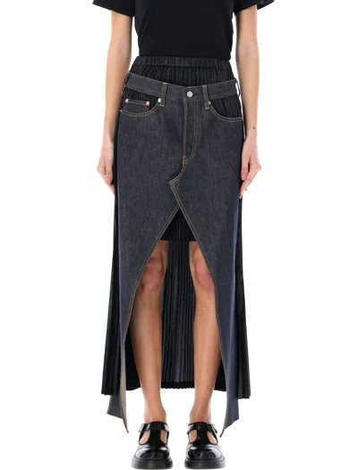 Shop Junya Watanabe Deconstructed Pleated Denim Skirt In Indigo + Black