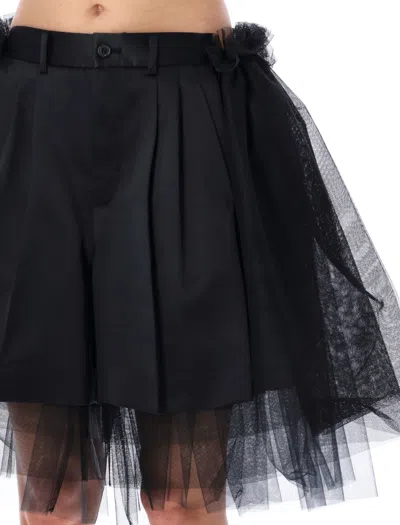 Shop Noir Kei Ninomiya Tulle-overlay Tailored Shorts In Black