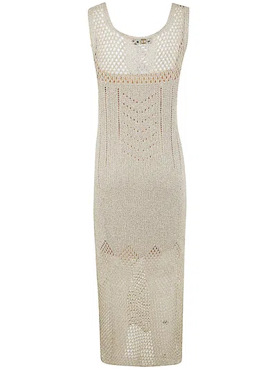 Shop Twinset Sleeveless Lace Dress In Lurex Parchment