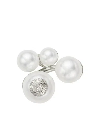 Shop Versace Ring Metal With Pearl In Palladium White