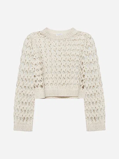 Shop Brunello Cucinelli Crochet Knit Cropped Sweater In Neutrals