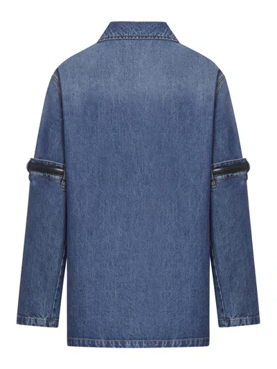 Shop Coperni Belted Sleeve Denim Shirt In Blue Blue