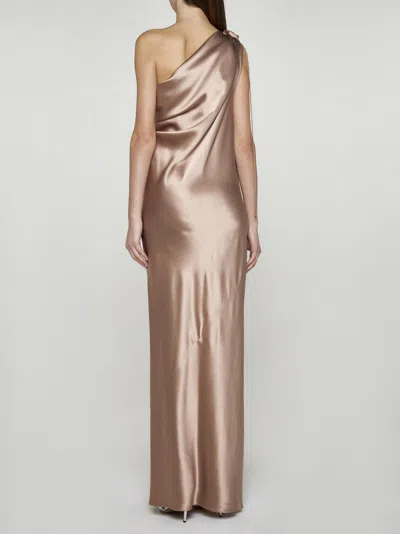 Shop Max Mara Opera Silk One-shoulder Long Dress In Neutrals/metallic