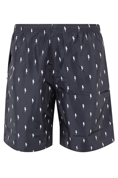 Neil Barrett All Over Thunderbolt Printed Swim Shorts In N Navy White