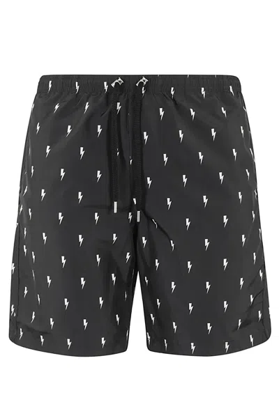 Neil Barrett All Over Thunderbolt Printed Swim Shorts In N Black White